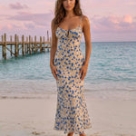 Beige Blue Floral Spaghetti Strap Tie Front Slim Fit Midi Dress