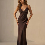 Brown Lace Trim Satin Cami Maxi Dress