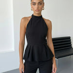 Black Solid Halter Neck Sleeveless Peplum Blouse