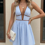 Blue White Stripe Cutout Sleeveless Skater Mini Dress