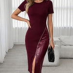 Black Zipper Split Contrast Panel Bodycon Midi Dress