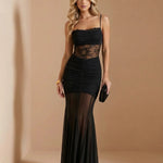 Black Lace Sheer Waist Ruched Mermaid Maxi Dress