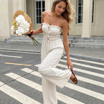 White Striped Lace-up Front Wide Leg Long Jumpsuit