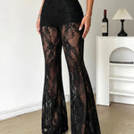 Black Floral Sheer Lace High Waist Flare Bell Bottom Pants