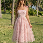 Pink Floral Embroidered Tulle Midi Dress