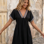 Black Ethnic Embroidered V Neck Short Sleeve Swing Mini Dress