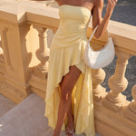 Yellow Draped Satin Slim Fit High-Low Dress
