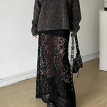 Black Lace High Waist Flared Mermaid Floor Length Maxi Skirt