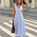 Light Blue V Neck Lace Trim Striped Regular Fit Midi Dress