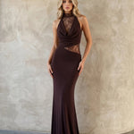 Brown Lace Halter Neck Bodycon Mermaid Maxi Dress