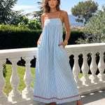 Blue White Stripe Red Trim Spaghetti Strap Maxi Dress