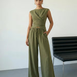 Army Green Sleeveless Wrap Top Wide Leg Pants Set