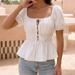White Square Neck Puff Sleeve Tie-Front Peplum Blouse