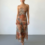 Earth Tone Print Ruched Sheer Mesh Slim Fit Midi Dress