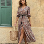 Paisley Print V-Neck Lantern Sleeve Smocked Waist Maxi Dress