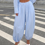 Blue Striped Cotton Harem Relaxed Fit Ankle Length Pants