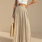 Beige Minimalist Linen Blend Pleated High Waist Maxi Skirt