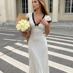 White Polka Dot Lace Trim Midi Dress
