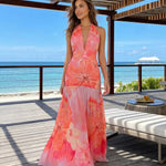 Pink Orange Floral Halter Chiffon Maxi Dress