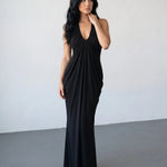 Black Halter Neck Ruched Maxi Dress