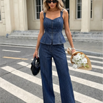 Blue White Vertical Pinstripe Sweetheart Strap Wide Leg Two Piece Set