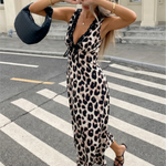 Leopard Print Lace Trim V Neck Sleeveless Midi Dress
