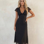 Black Polka Dot Short Sleeve V Neck Midi Dress