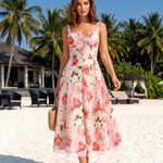 Pink Floral Lace Up Fit and Flare Midi Dress