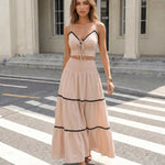 Beige Ric Rac Trim Crop Top Tiered Maxi Skirt Set