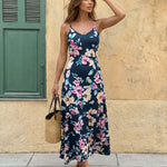 Dark Floral Print V-Neck Spaghetti Strap Maxi Dress