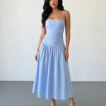 Light Blue Ruched Spaghetti Strap Midi Dress