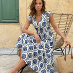 White Blue Floral Print Ruffle Sleeve Midi Dress