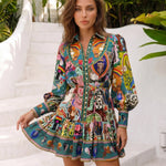 Colorful Art Print Stand Collar Long Sleeve Shirt Dress