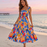 Blue Abstract Floral Print Tiered Midi Dress