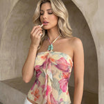 Pastel Floral Halter Neck Beaded Detail Chiffon Top