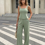 Sage Green Linen Blend Slim Fit Crop Top Wide Leg Pants Set
