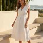 White Eyelet Embroidery Ruffle Sleeve Midi Dress