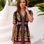 Black Floral Print Puff Sleeve Mini Dress