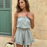 Light Green Strapless Ruffled Waist Romper