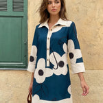 Blue Teal Floral Print Shirt Dress