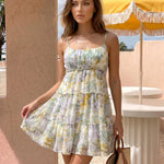 Pastel Floral Print Spaghetti Strap Tiered Mini Dress