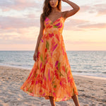 Orange Tropical Print Twisted V Neck Pleated Midi Dress
