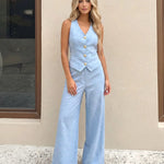 Blue Textured Fabric Gold Button Sleeveless Vest Wide Leg Pants Two Piece Set