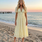 Yellow Gingham Print Puff Sleeve V-Neck Midi Dress
