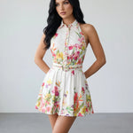 White Floral Printed Button Up Sleeveless Mini Shirt Dress