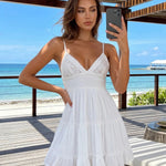 White Lace V Neck Spaghetti Strap Tiered Ruffle Smocked Waist Mini Dress