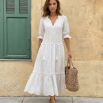White Eyelet Embroidery V-Neck Tiered Midi Dress