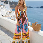 Multicolor Tribal Print Tie Front Wide Leg Jumpsuit
