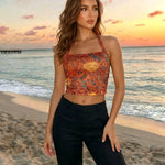 Orange Sun Print Halter Neck Crop Top