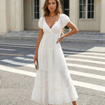 White Puff Sleeve Lace Tiered V Neck Maxi Dress